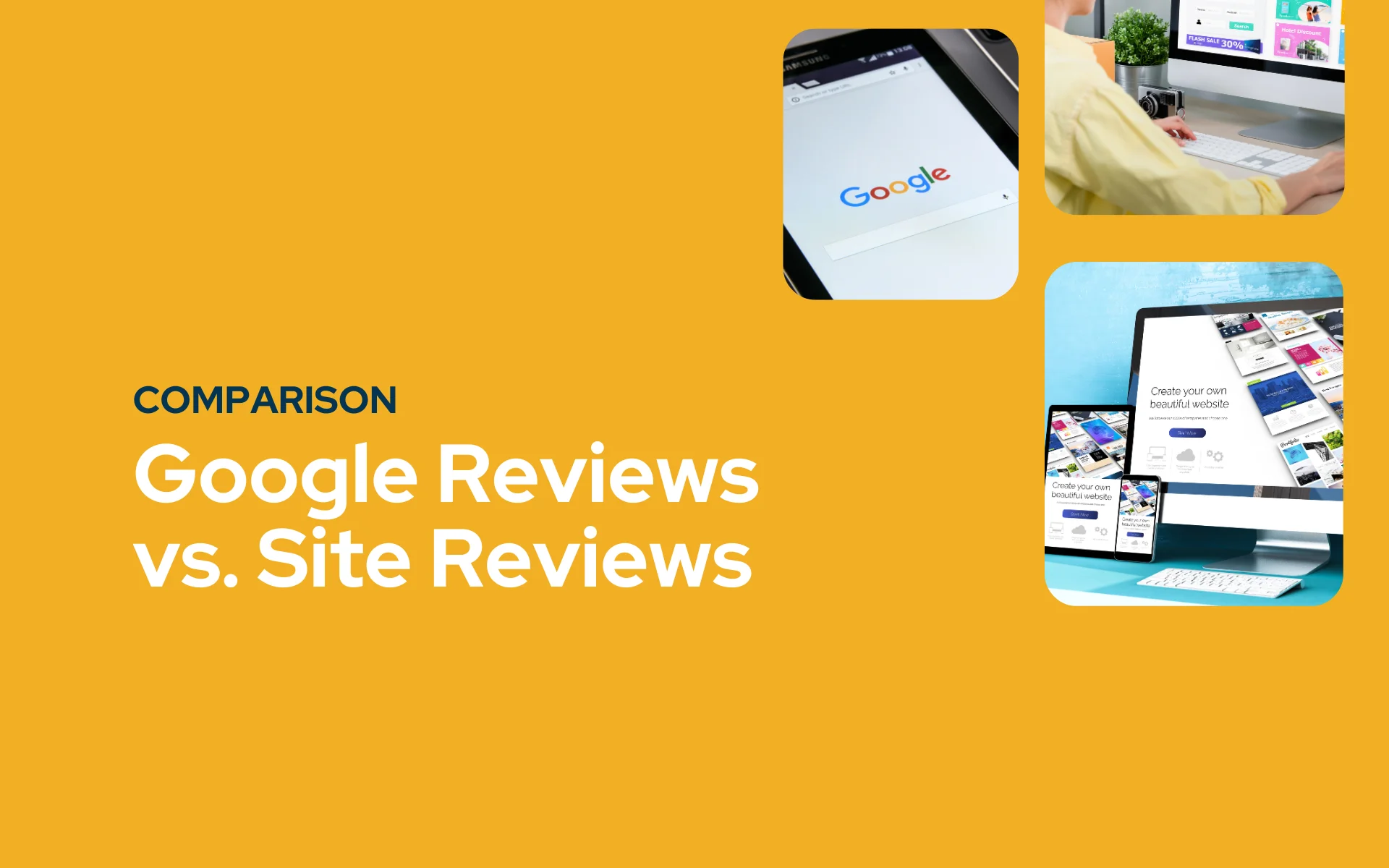 Comparison graphic showing Google Reviews vs. Site Reviews with visual panels