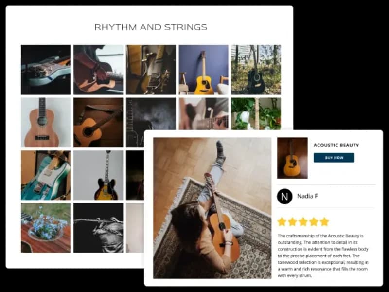 Shoppable UGC carousel with product overlays and call to action buttons.