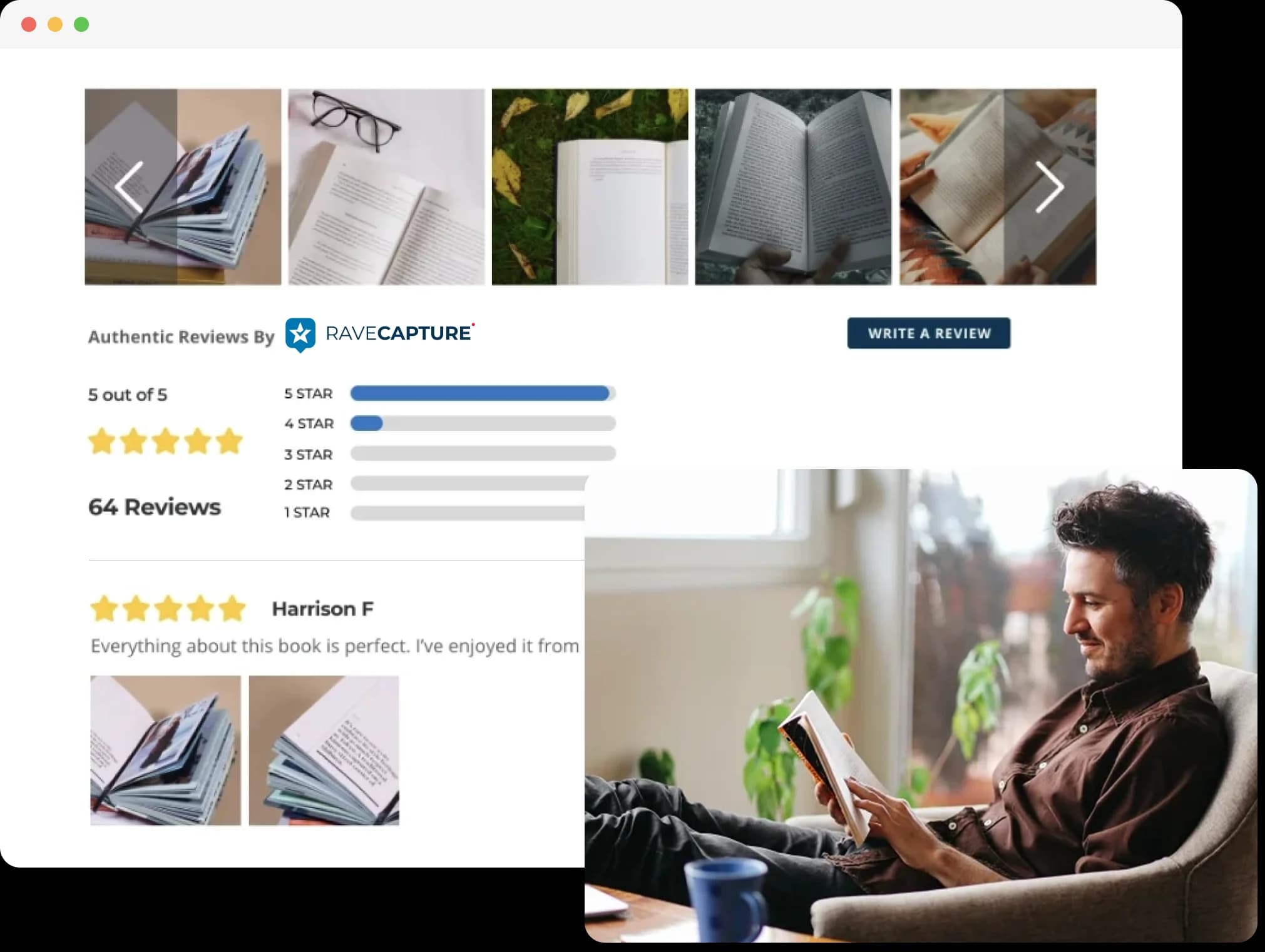 Product review widget displaying star ratings, customer testimonials, and verified purchase badges