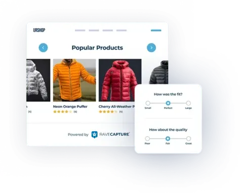 Apparel brand store page showing visual gallery and survey