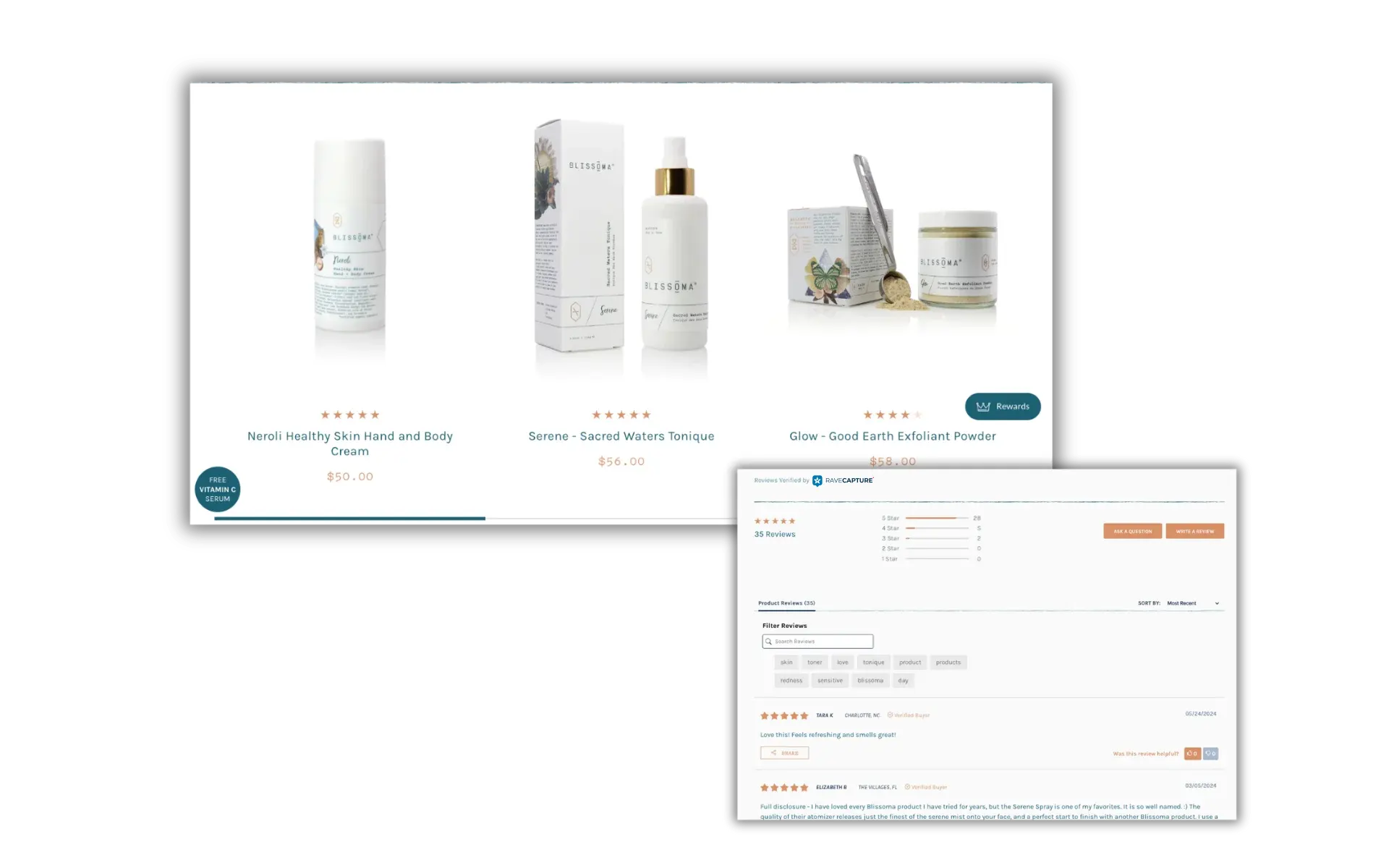 Blissoma displaying reviews on website