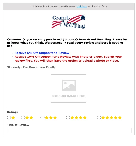 Grand New Flag review request email example