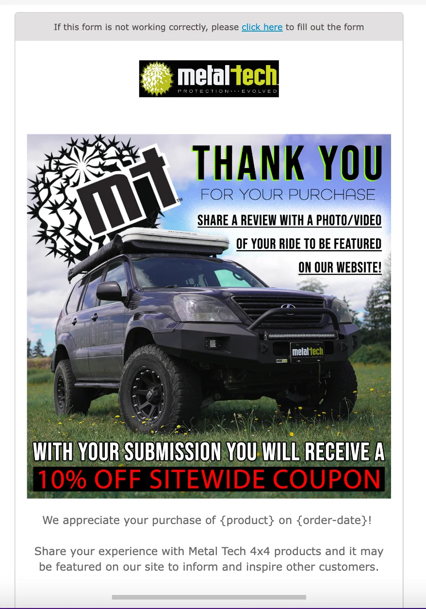 Metal Tech 4x4 review request email example