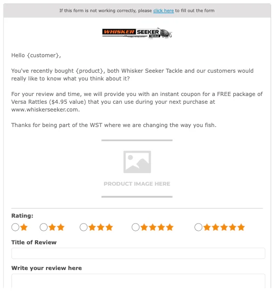 Whisker Seeker Tackle review request email example