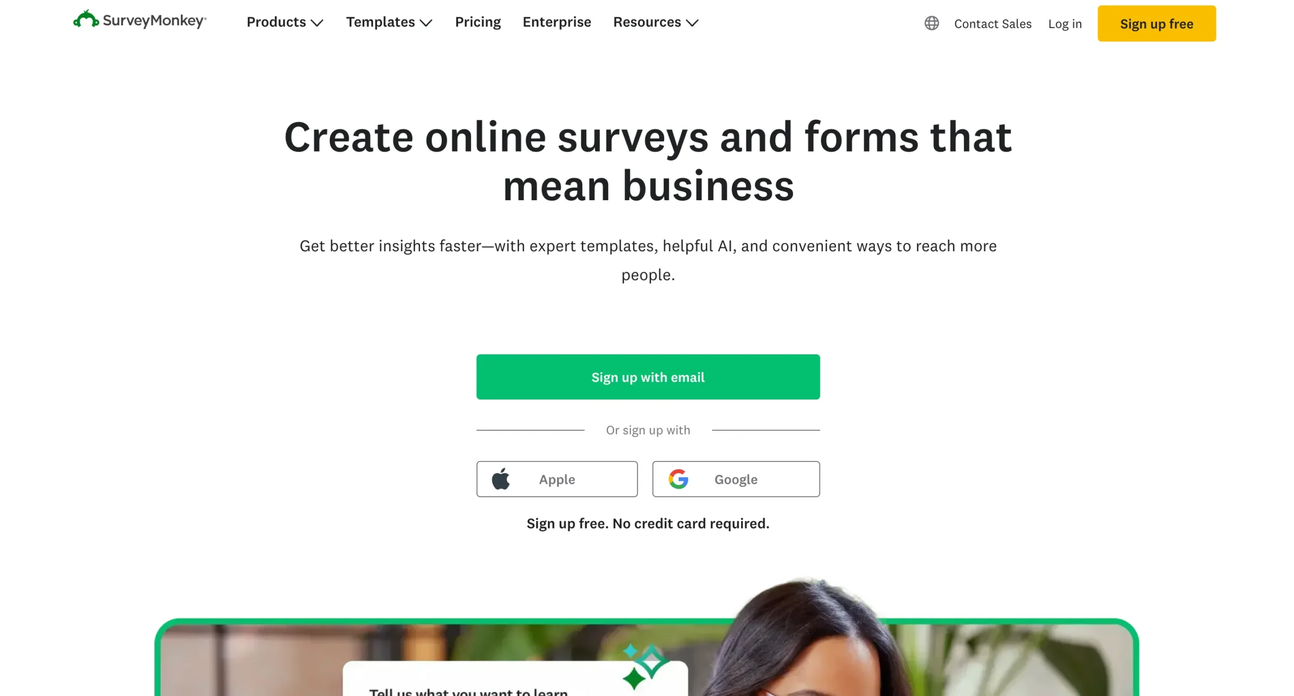 SurveyMonkey homepage interface