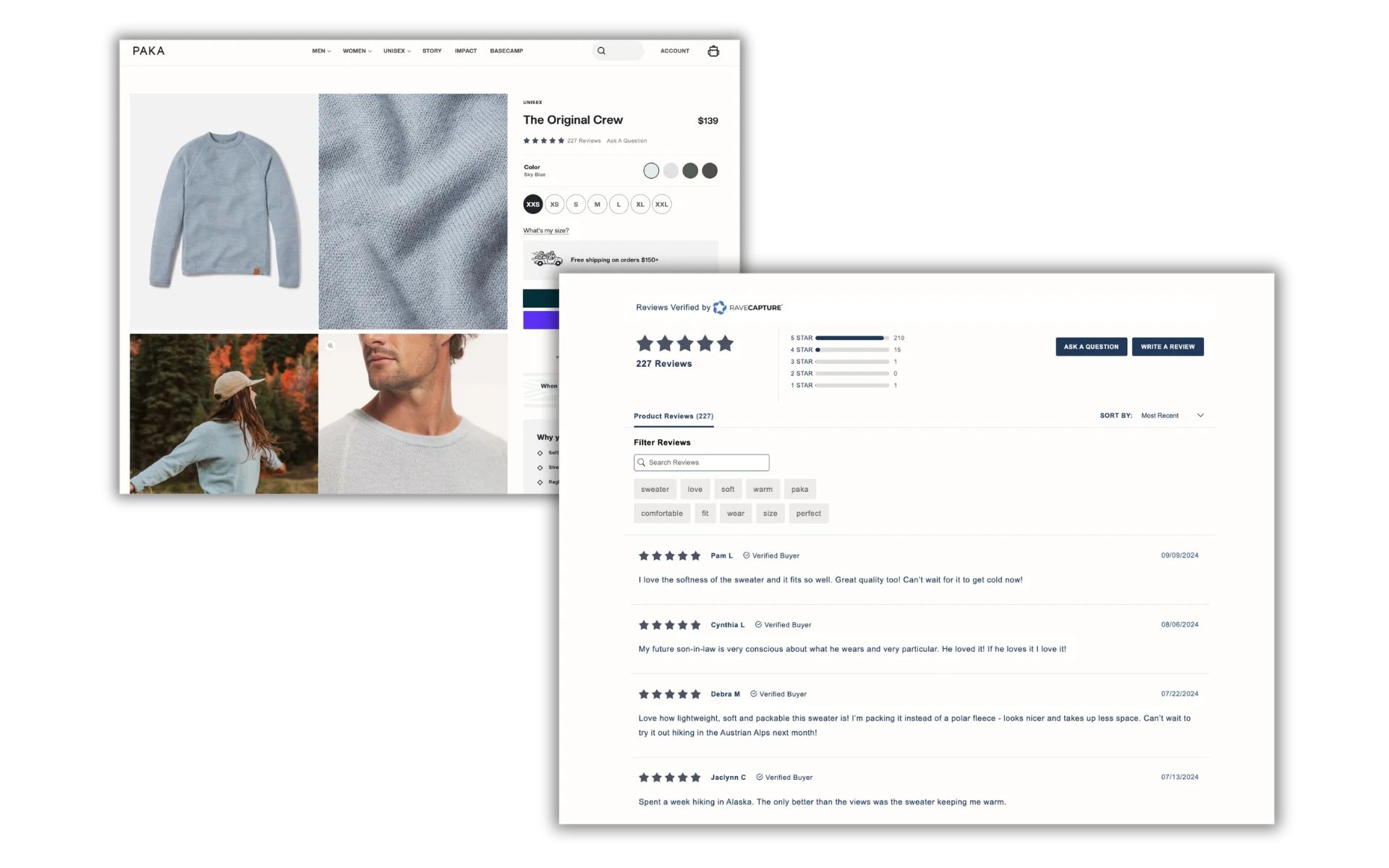 paka apparel displaying reviews on website