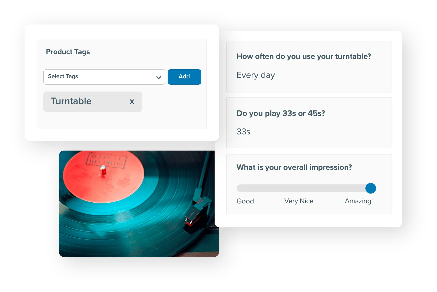 Product-specific survey results and customer feedback display on product pages