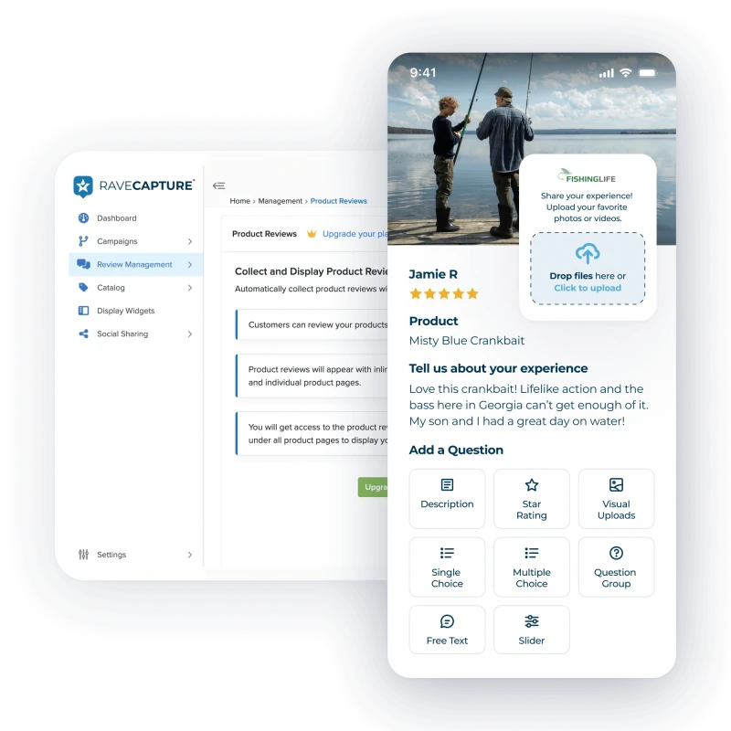 Customer photo upload and video review collection interface showing mobile survey view
