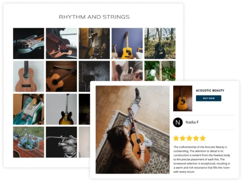 Visual gallery with shoppable buttons showing customer photo reviews and buy now overlays